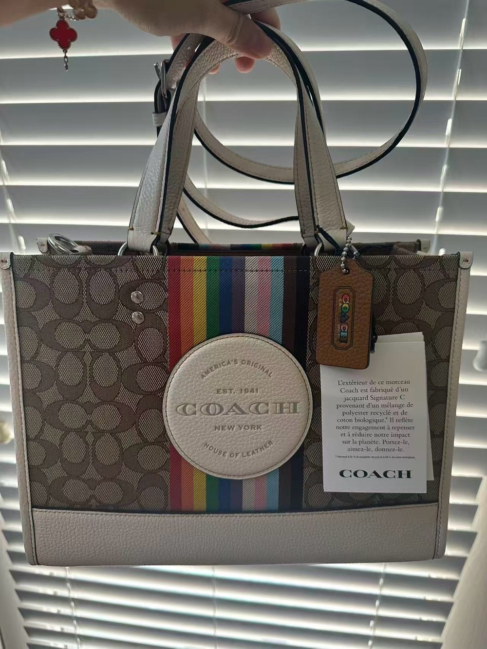 COACH Dempsey 29 Signature Canvas Tote with Rainbow Stripe and Cream Trim